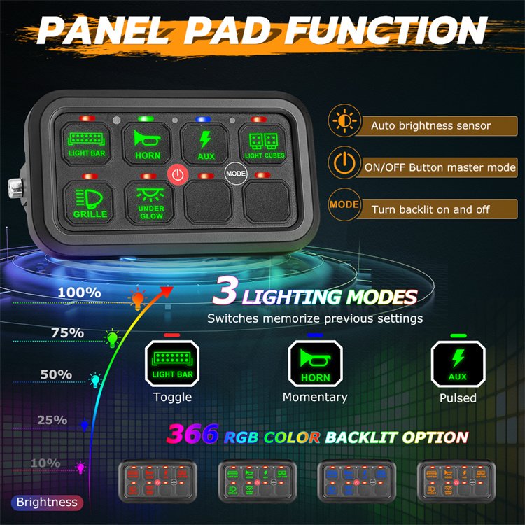 12V Phone App and Wireless Remote Control Led Light Bar on Off Multifunction RGB 8 Gang Switch Panel