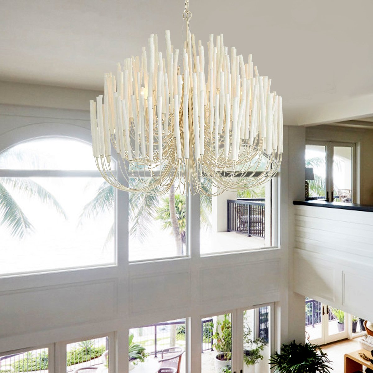 Custom High Quality Indoor Modern Design Wooden Rod Iron Arms Hanging Lamp Light Fixture White Linear Chandelier