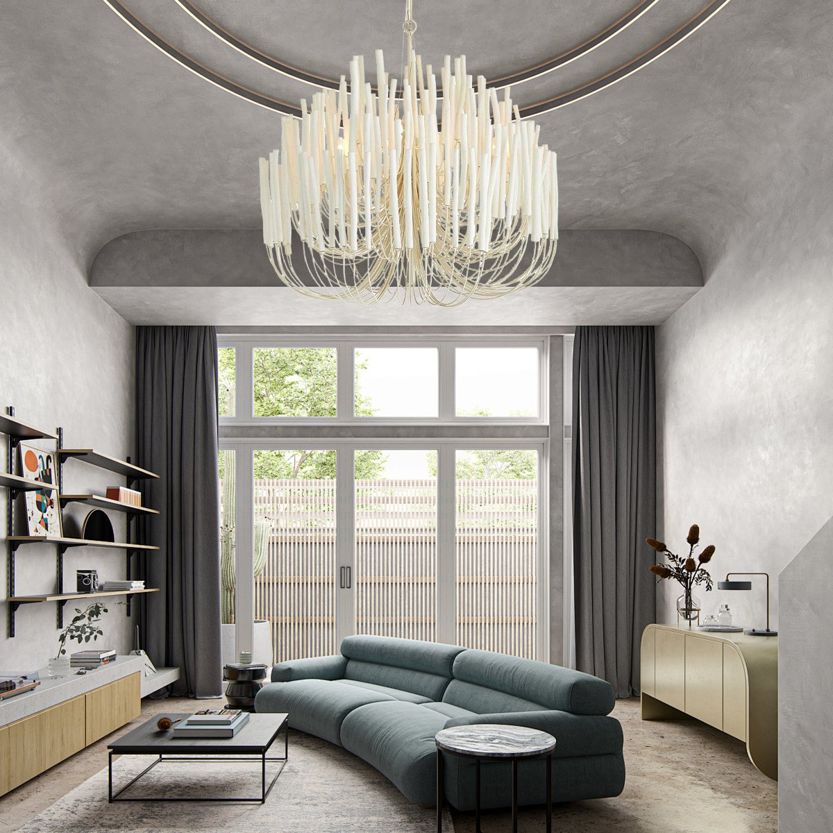Custom High Quality Indoor Modern Design Wooden Rod Iron Arms Hanging Lamp Light Fixture White Linear Chandelier