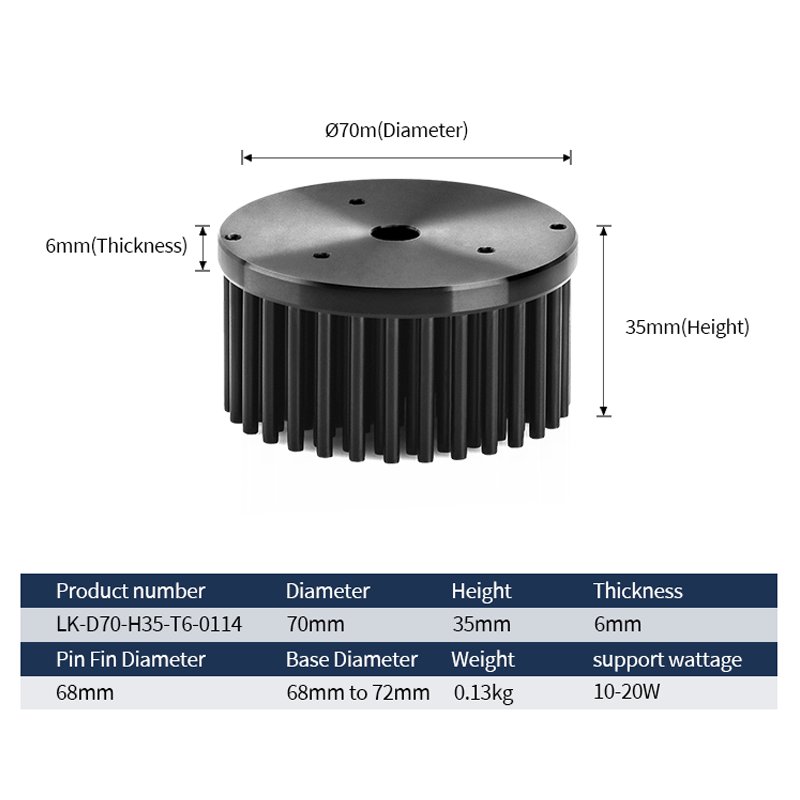 70mm Diameter 20W Black Anodizing Aluminium Round Led Passive Cooling Heat Sink Heatsink