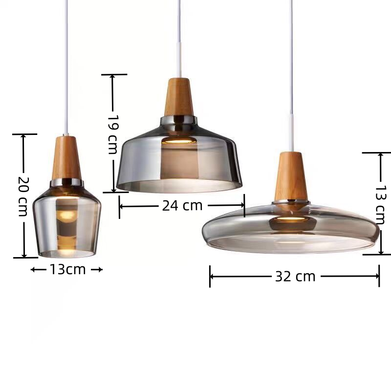 Nordic Restaurant Glass Pendant Light Modern Simple Cognac Smoke Solid Wood Decorative Hanging Lamps Led Dinning Room Lighting