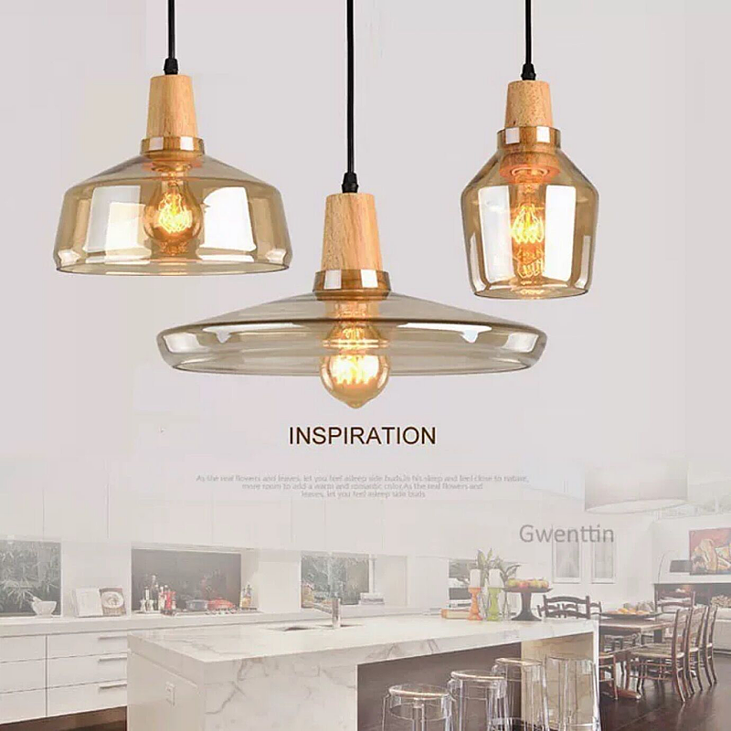 Nordic Restaurant Glass Pendant Light Modern Simple Cognac Smoke Solid Wood Decorative Hanging Lamps Led Dinning Room Lighting