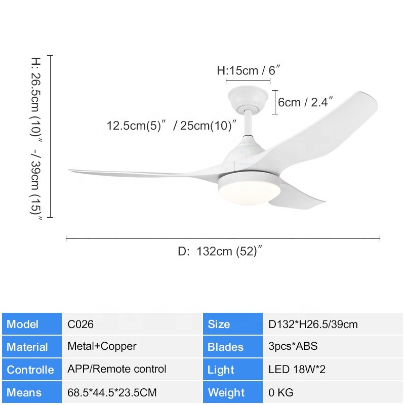 C026 52-Inch High Air Volume Ceiling Fan with Light APP Control Remote Switch DC Motor Includes Project Installation Solution
