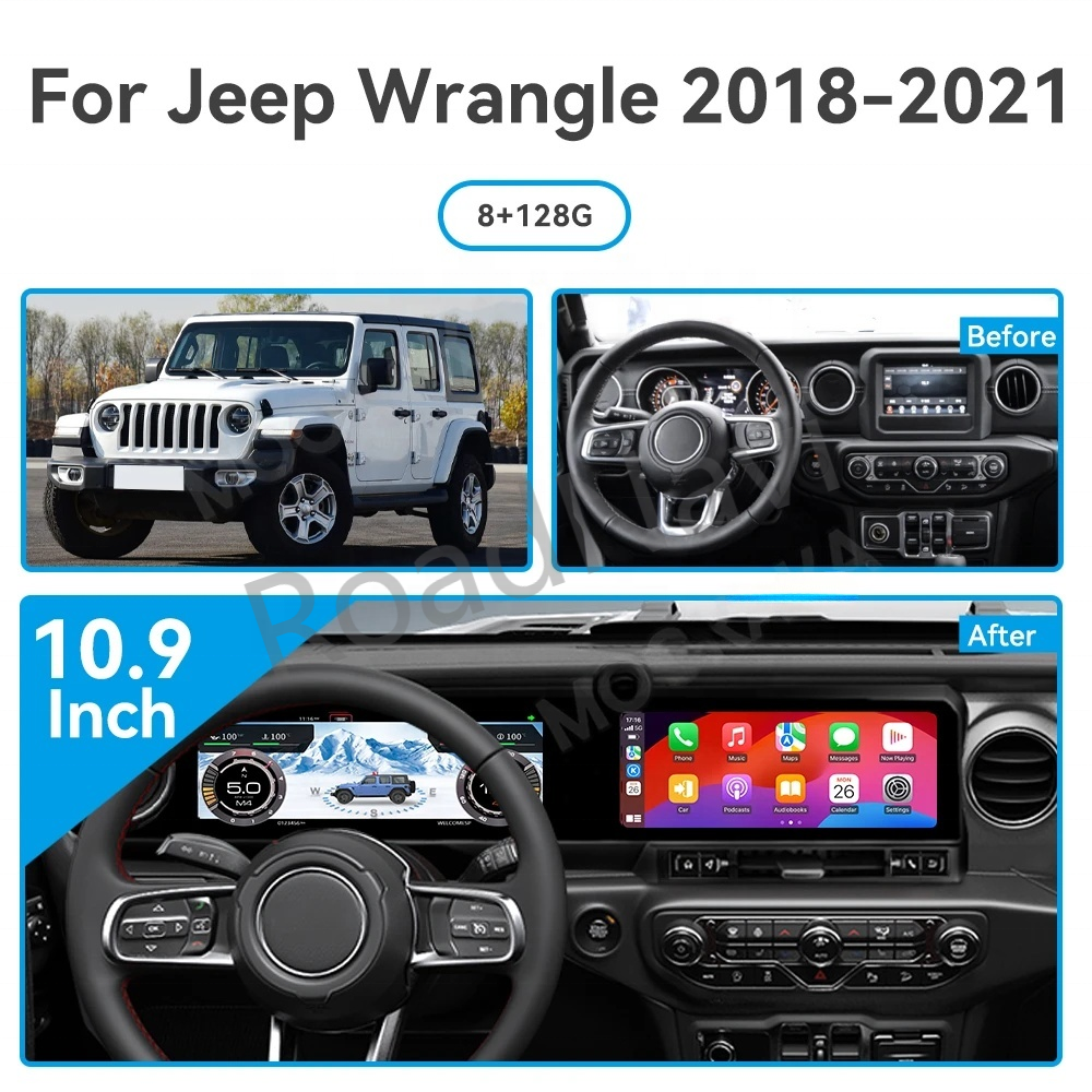 RoadNavi 12.3 Inch Dual Screen for Jeep Wrangler JL 2018-2023 Android Car Radio Head Unit Auto Digital Meter Cluster Dashboard