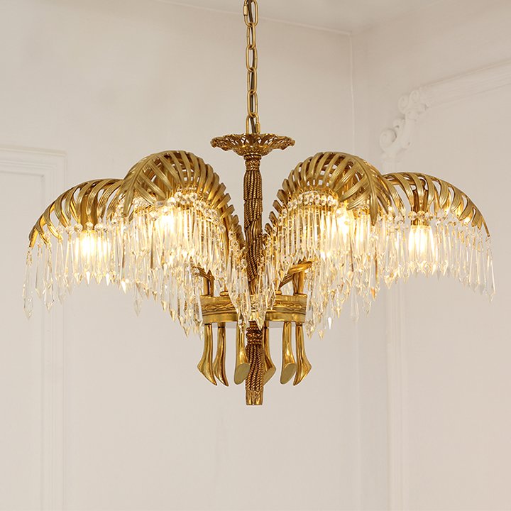 European Style Villa Living Room Dining Room All Bronze Crystal Luxury Gold Palm Leaves Art Hanging Decor Chandelier