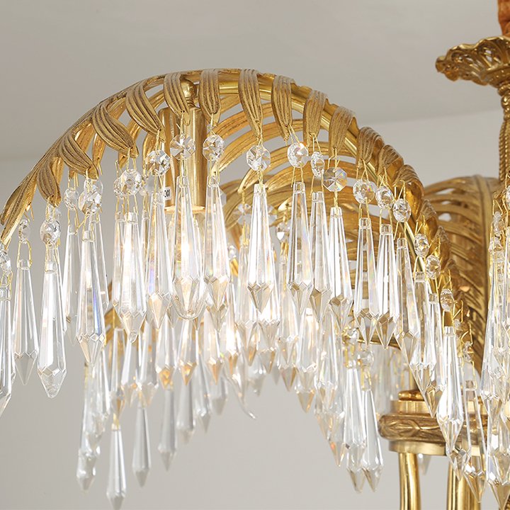 European Style Villa Living Room Dining Room All Bronze Crystal Luxury Gold Palm Leaves Art Hanging Decor Chandelier