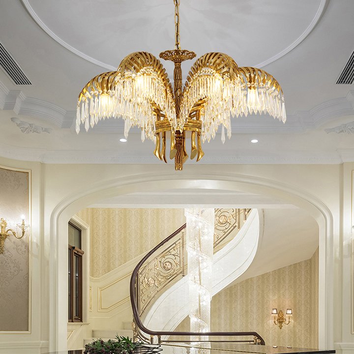 European Style Villa Living Room Dining Room All Bronze Crystal Luxury Gold Palm Leaves Art Hanging Decor Chandelier
