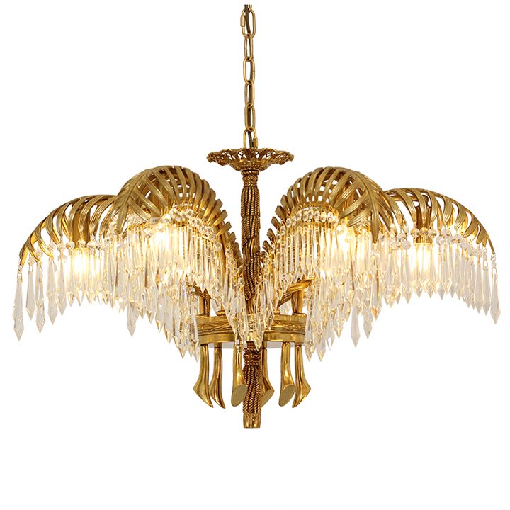 European Style Villa Living Room Dining Room All Bronze Crystal Luxury Gold Palm Leaves Art Hanging Decor Chandelier