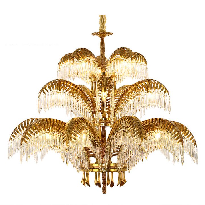 European Style Villa Living Room Dining Room All Bronze Crystal Luxury Gold Palm Leaves Art Hanging Decor Chandelier