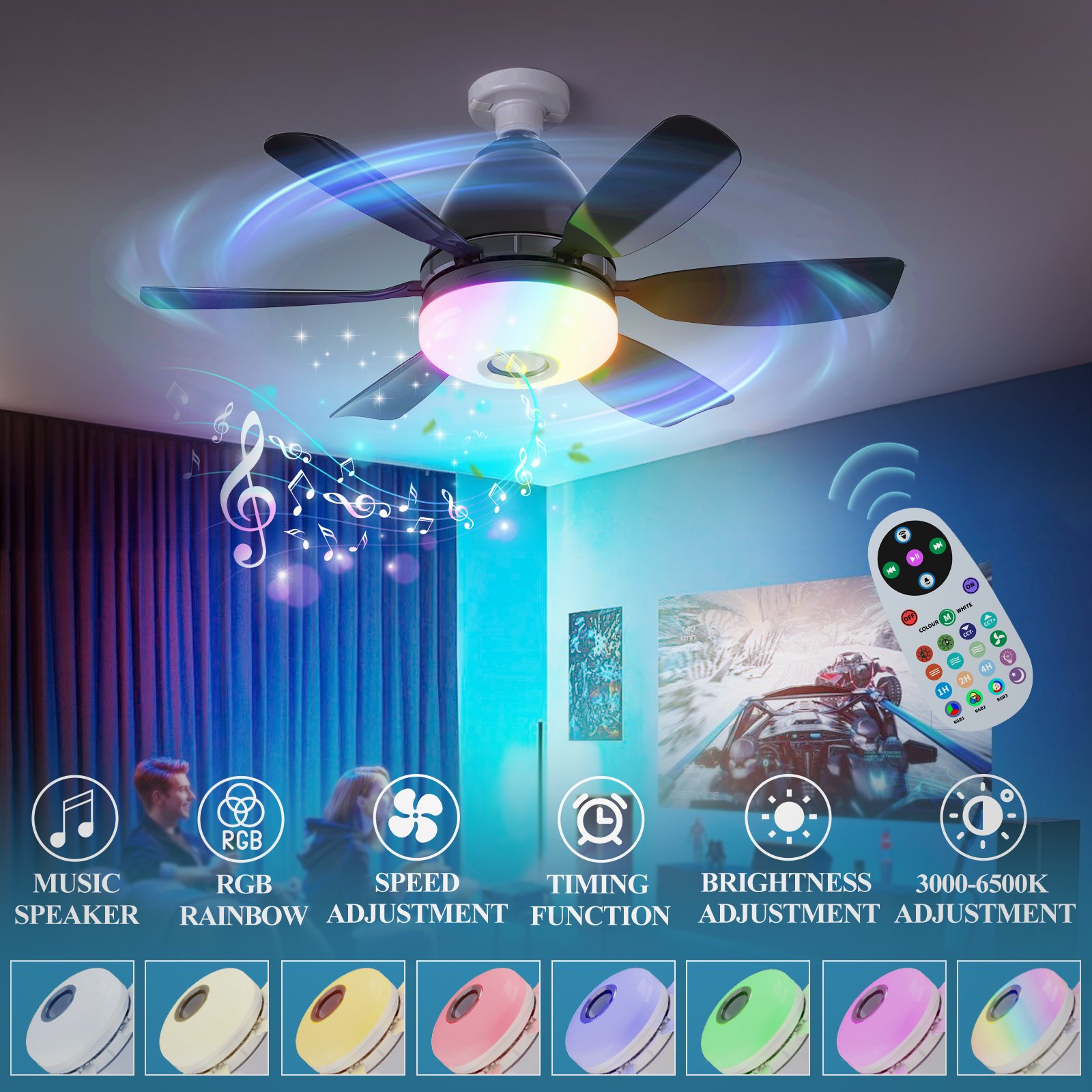 Led Fan Lights Smart Home Light Intelligent Dimming Bluetooth RGB Music Lights Fan 2 Packs Remote Control Modern LED Ceiling Fan