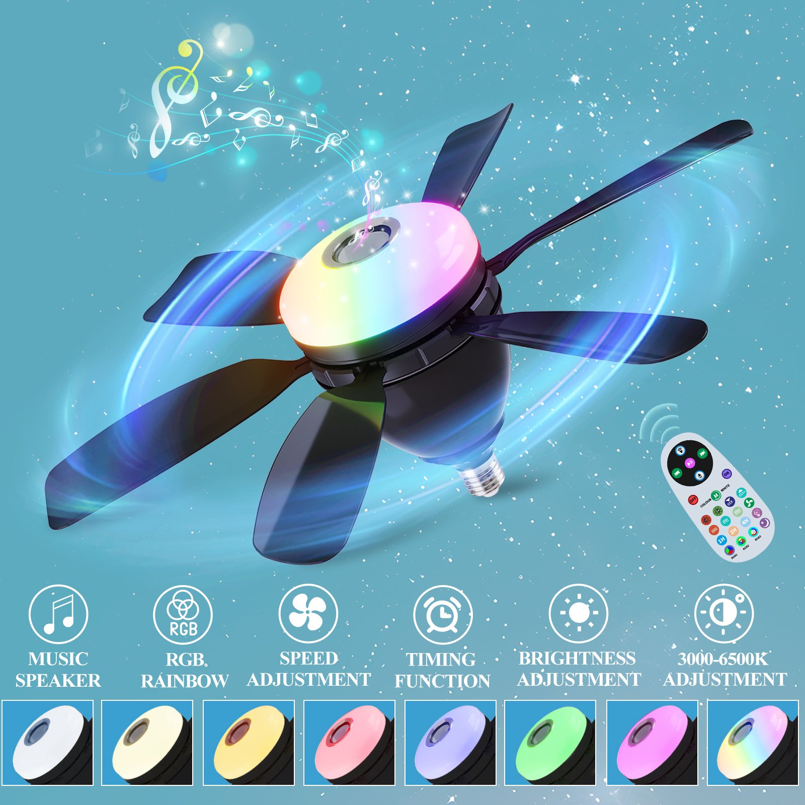 Led Fan Lights Smart Home Light Intelligent Dimming Bluetooth RGB Music Lights Fan 2 Packs Remote Control Modern LED Ceiling Fan