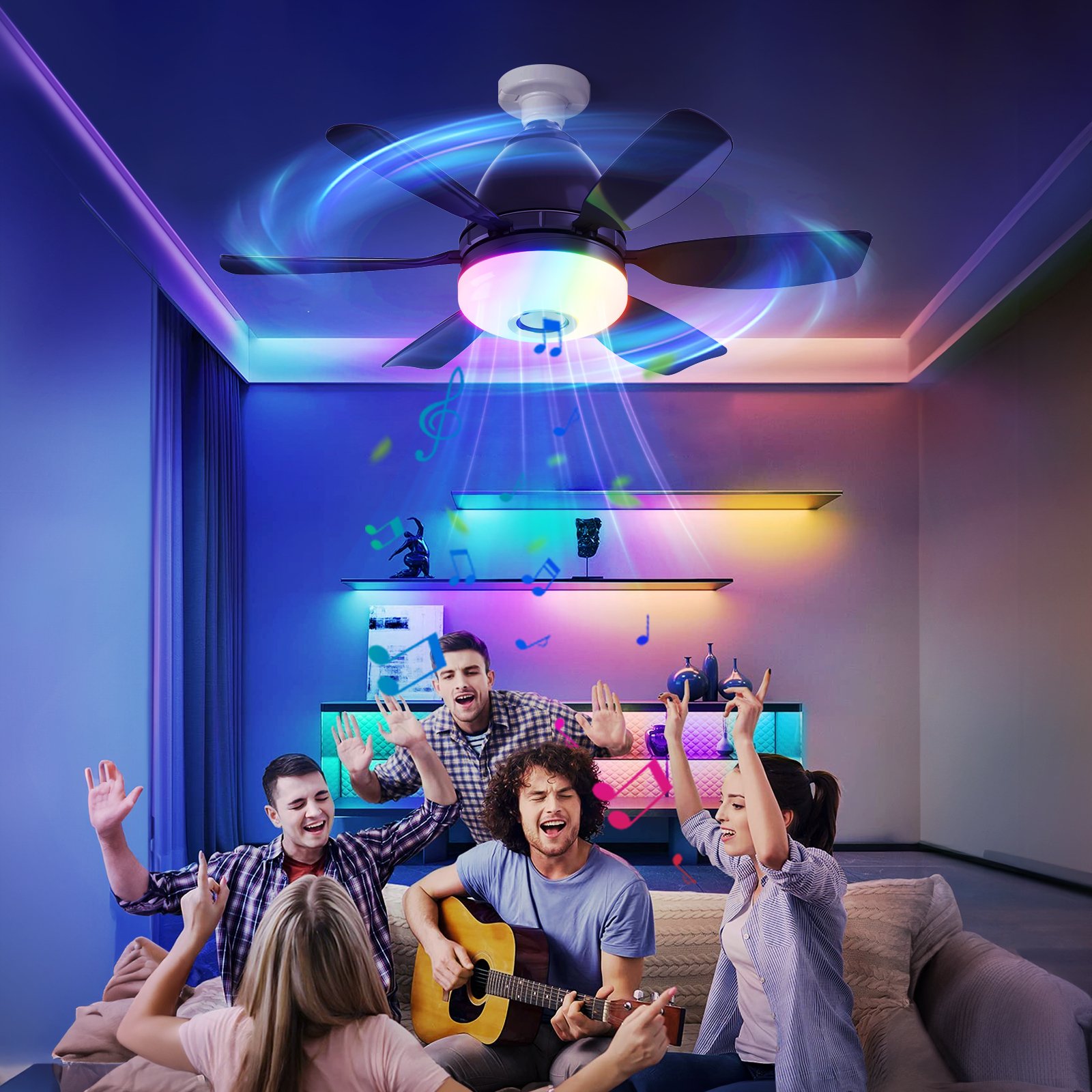 Led Fan Lights Smart Home Light Intelligent Dimming Bluetooth RGB Music Lights Fan 2 Packs Remote Control Modern LED Ceiling Fan