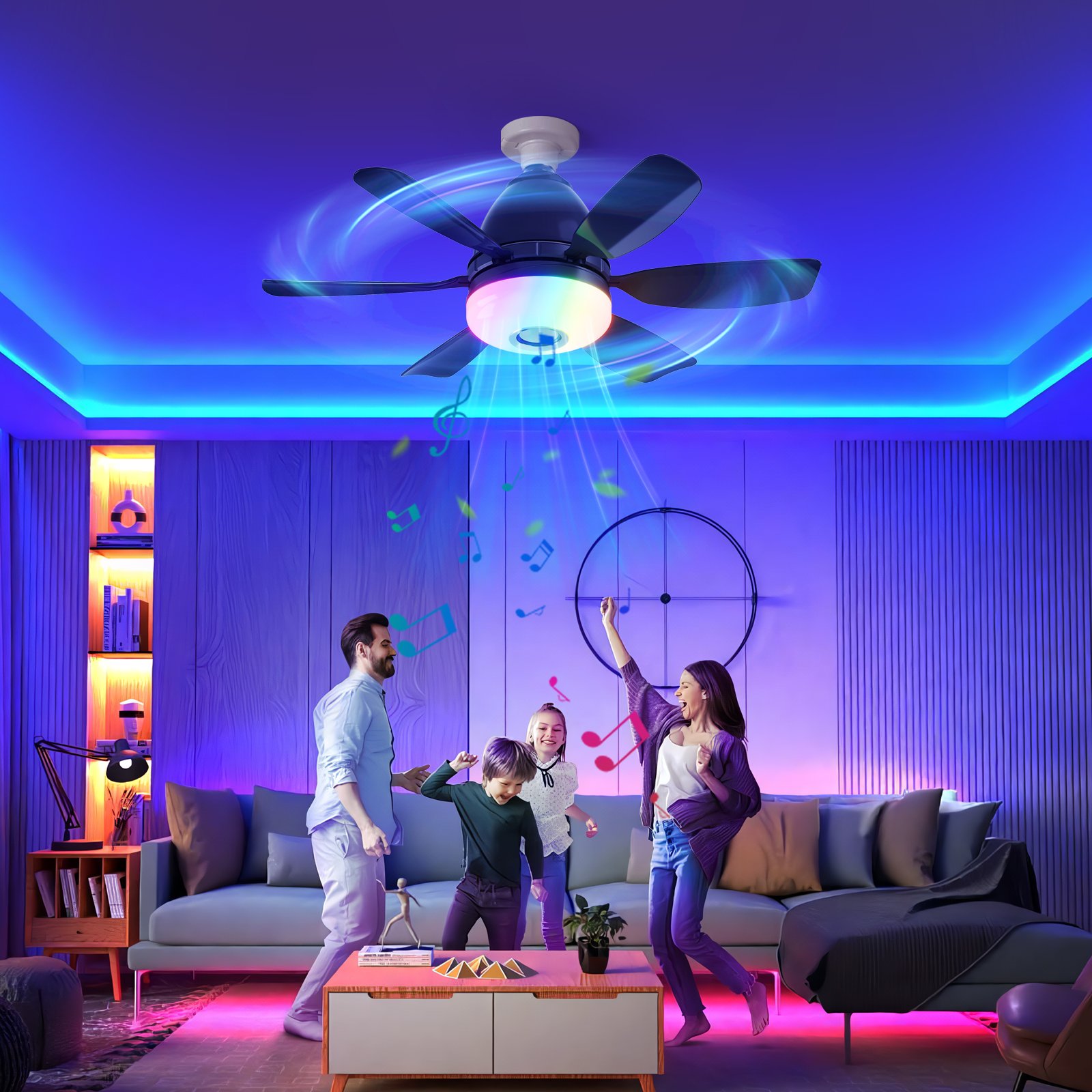 Led Fan Lights Smart Home Light Intelligent Dimming Bluetooth RGB Music Lights Fan 2 Packs Remote Control Modern LED Ceiling Fan