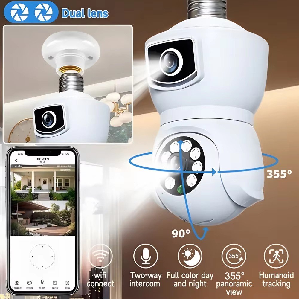 E9 Wireless Wifi Light Bulb Ptz Cameras Dual Lens Auto Tracking Two Way Audio Color Night Vision Outdoor Security Camera