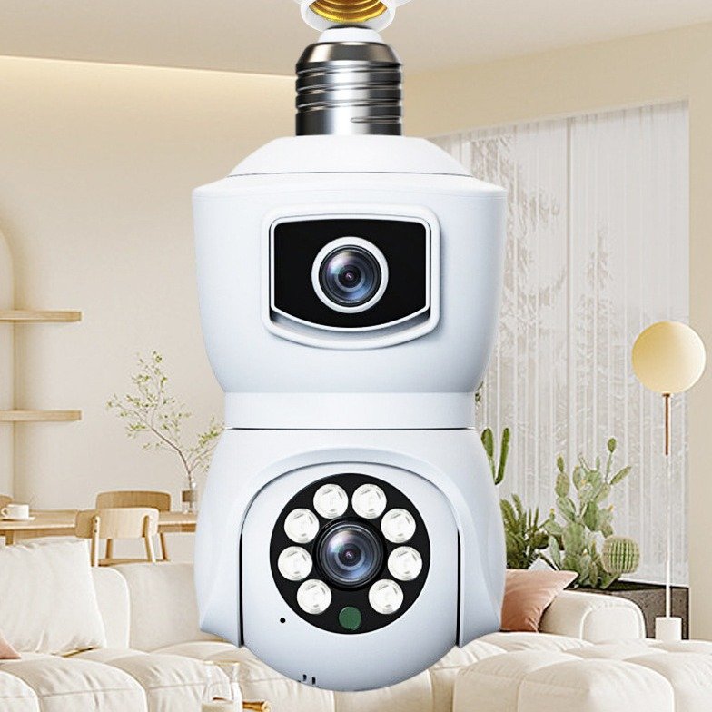 E9 Wireless Wifi Light Bulb Ptz Cameras Dual Lens Auto Tracking Two Way Audio Color Night Vision Outdoor Security Camera