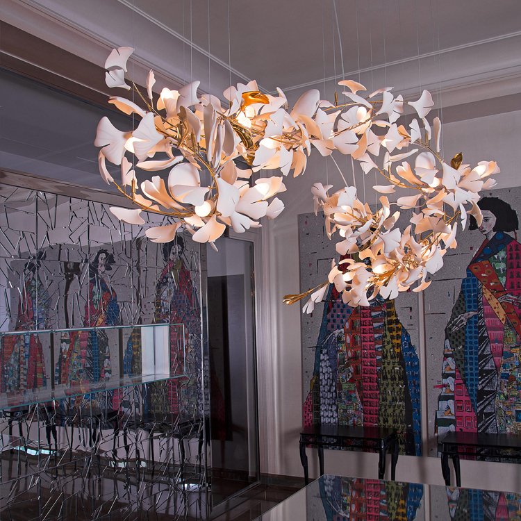 Custom Flower Ginkgo Leaf Ceramics Floral Hotel Villa Living Room Dining Room Chandelier Ceiling Luxury Pendant Light