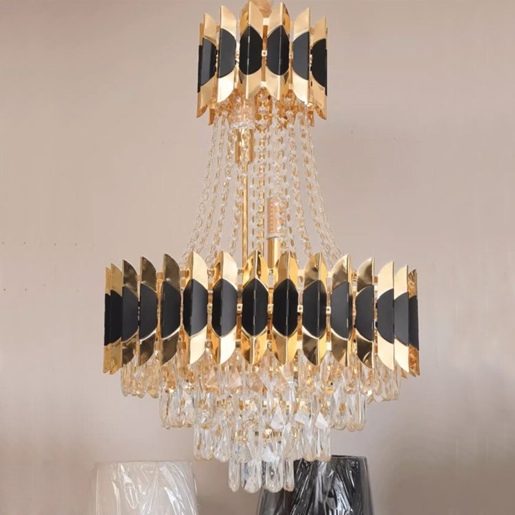 Black Gold Luxury K9 Crystal Chandelier Modern LED Indoor Pendant Light for Living Room Large Long Home Decor