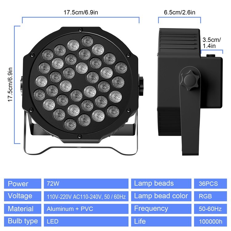 U King RGB Aluminum 72W 36 LEDs PARs DMX512 Party Club Stage Light Led Par