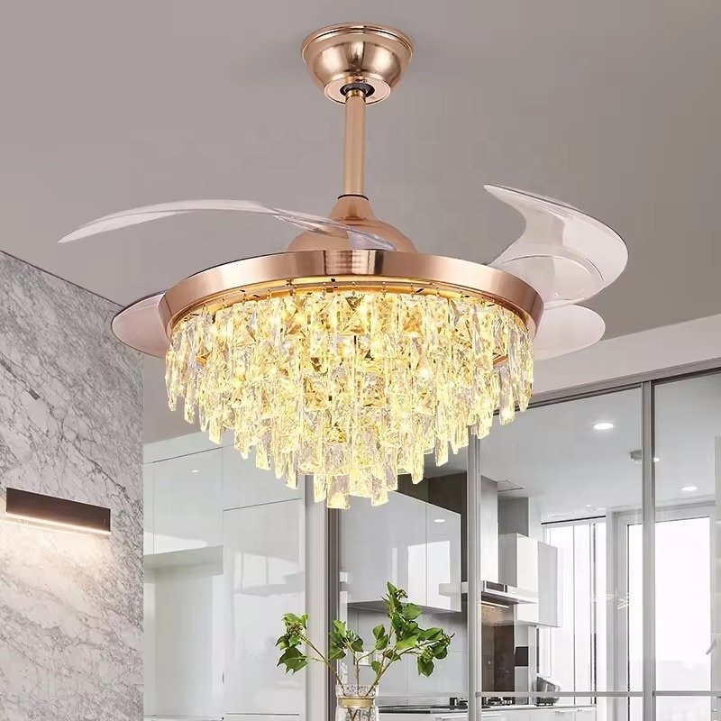 Luxury Gold LED Pendant Light Remote Control Fancy Pendant Light Hotel Modern Crystal Ceiling Fan with Light