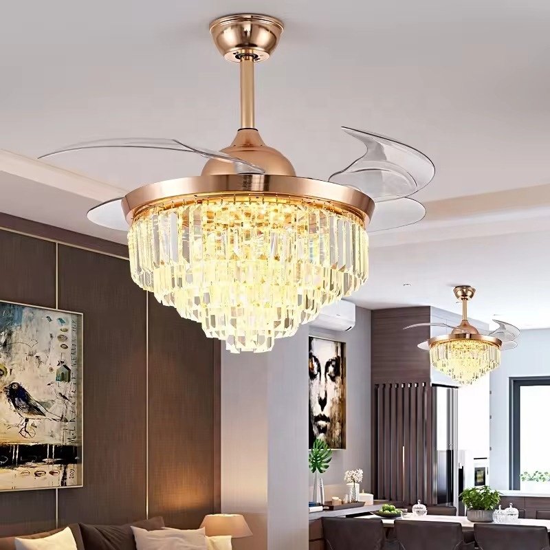 Luxury Gold LED Pendant Light Remote Control Fancy Pendant Light Hotel Modern Crystal Ceiling Fan with Light