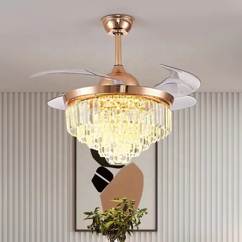 Luxury Gold LED Pendant Light Remote Control Fancy Pendant Light Hotel Modern Crystal Ceiling Fan with Light