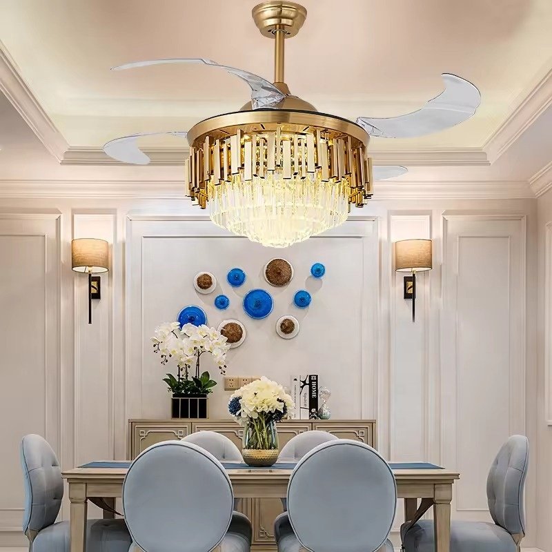 Luxury Gold LED Pendant Light Remote Control Fancy Pendant Light Hotel Modern Crystal Ceiling Fan with Light