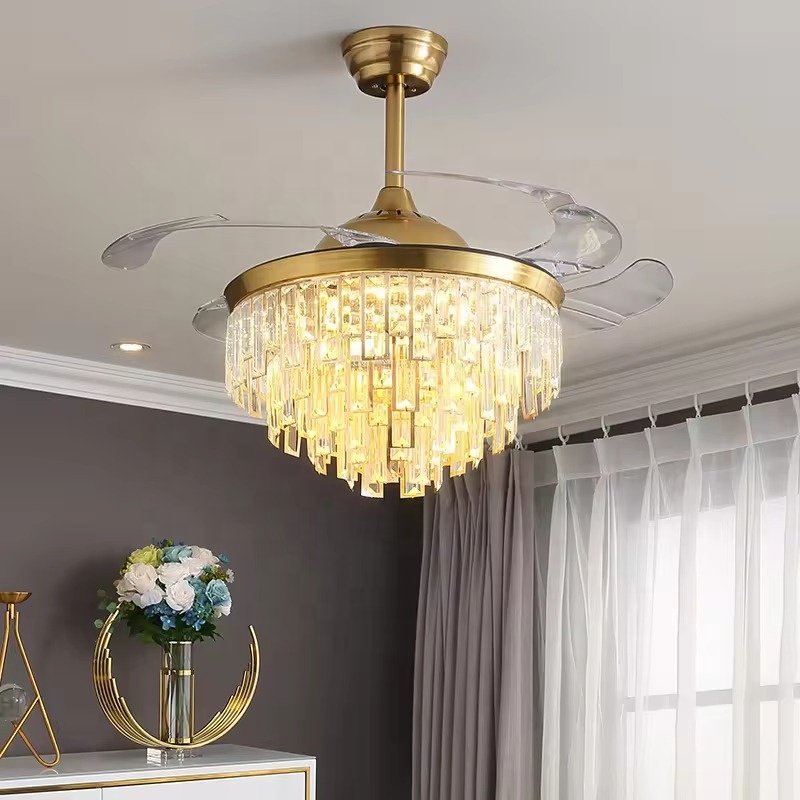 Luxury Gold LED Pendant Light Remote Control Fancy Pendant Light Hotel Modern Crystal Ceiling Fan with Light