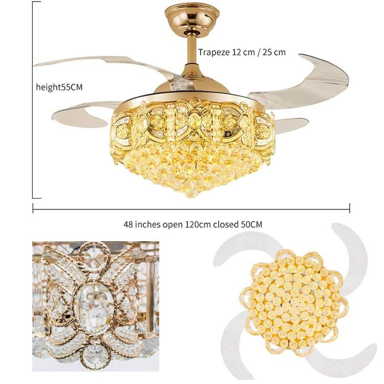 Luxury Indoor Golden LED Chandelier Light Remote Control Fancy Pendant Lamp Home Hotel Modern Crystal Ceiling Fan with LED Light