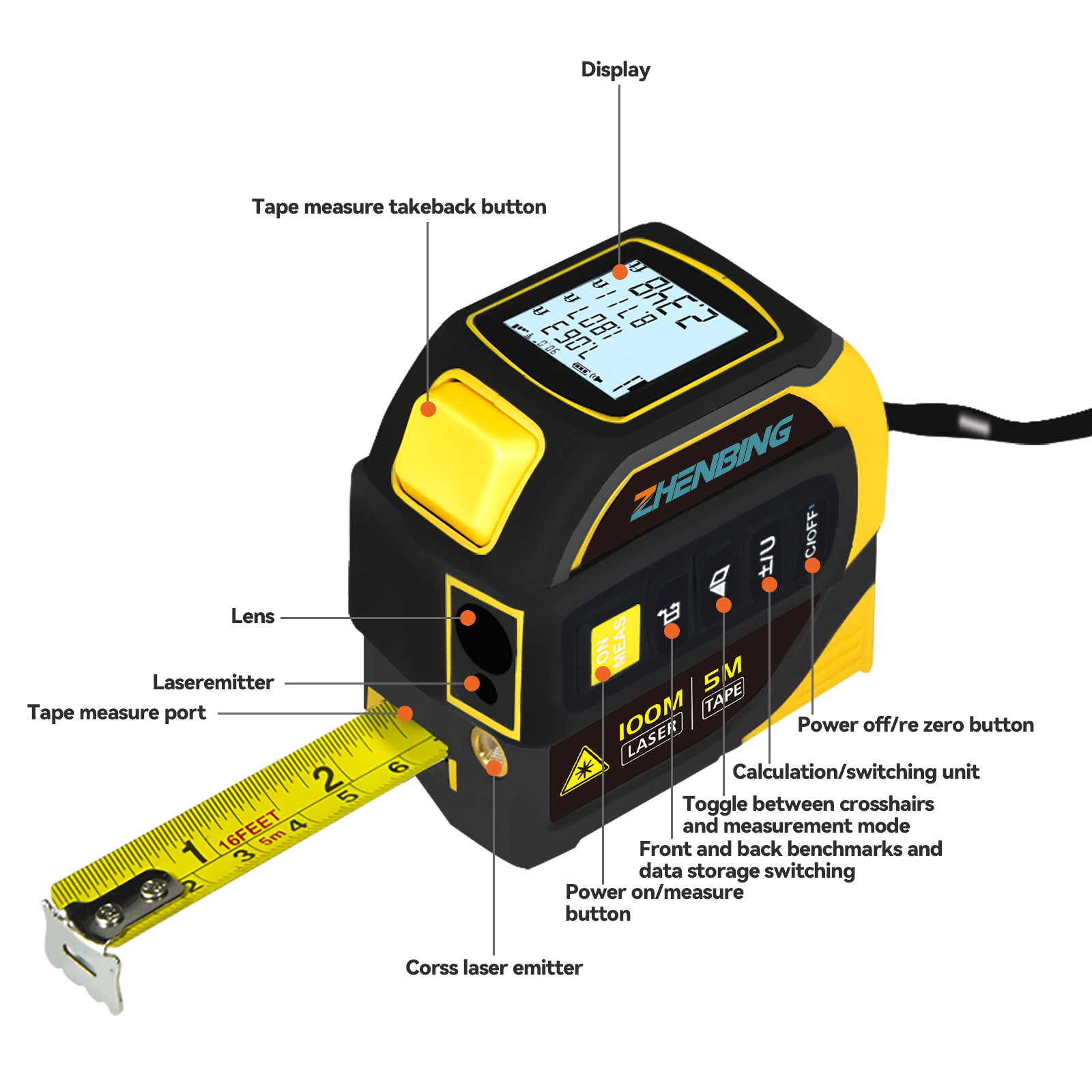 ZHENBING 100m Portable One-button Laser Measurement Auto Lock Steel Tape Measure Electric Angle Laser Distance Meter
