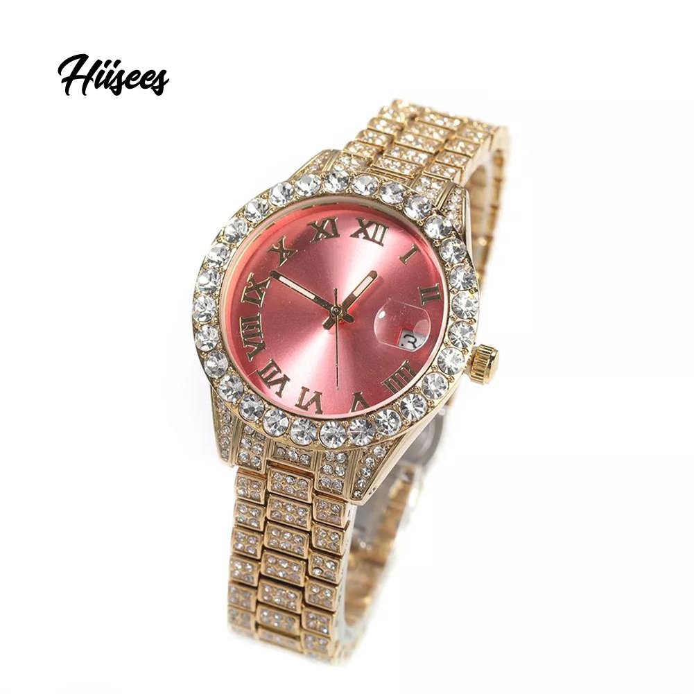 Icy Small Size Watches Baby Pink Hiphop Quartz Clock Luxury Waterproof Wrist Watch Iced 18k Gold Plated Rapper Watches Jewelry