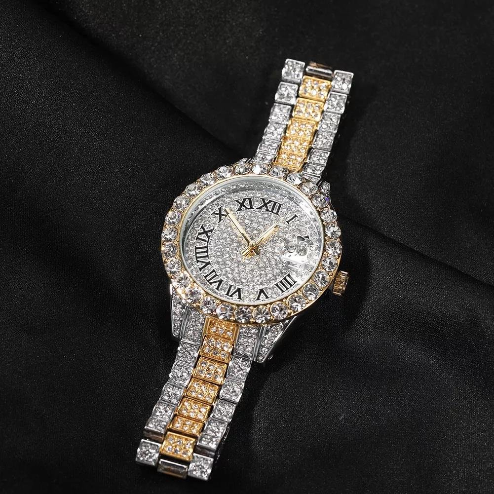 Icy Small Size Watches Baby Pink Hiphop Quartz Clock Luxury Waterproof Wrist Watch Iced 18k Gold Plated Rapper Watches Jewelry