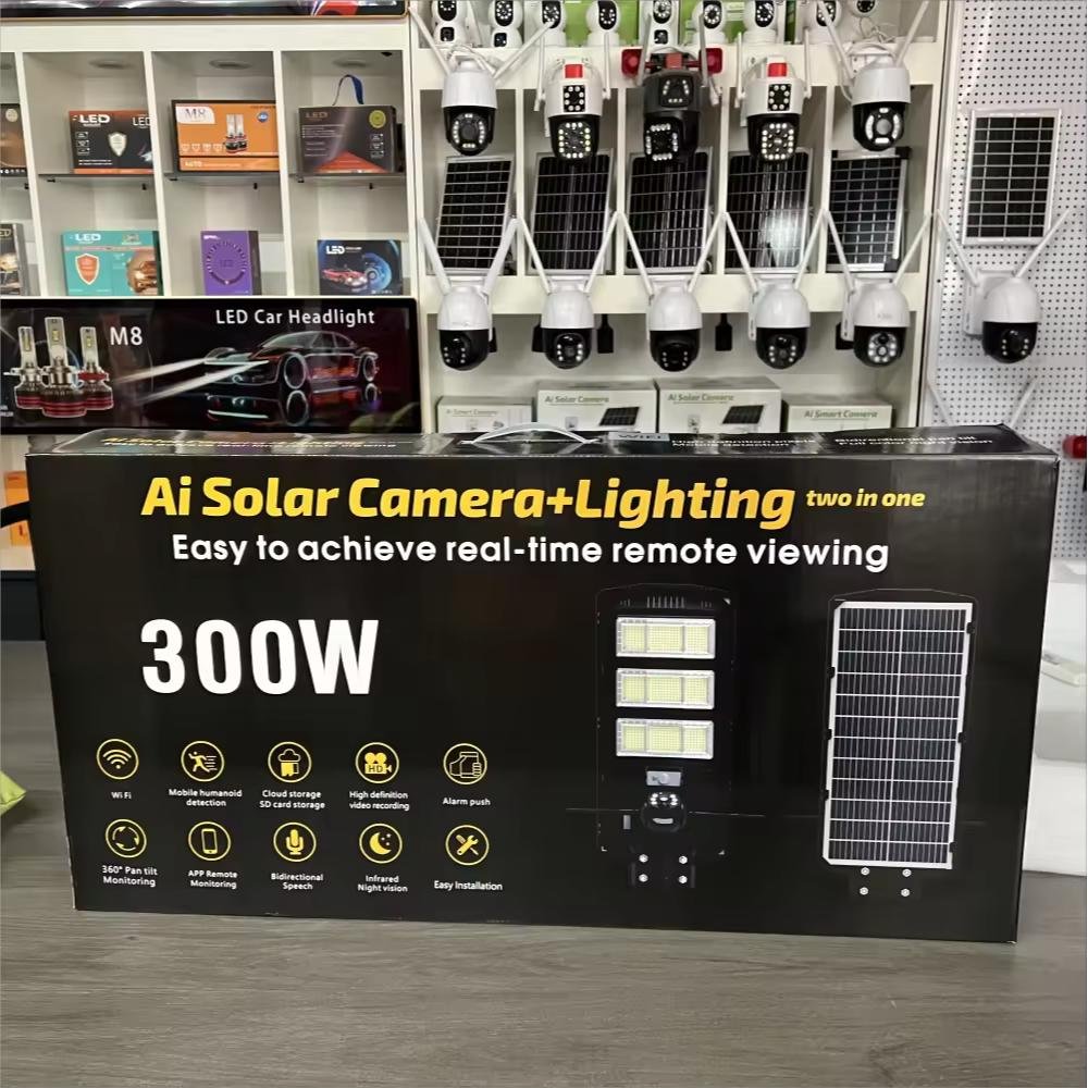 Omsen 300W Waterproof Ip67 3 in 1 Solar Street Light With Outdoor Cctv Camera 4G Wifi Dusk to Dawn for Garden Deck Farming