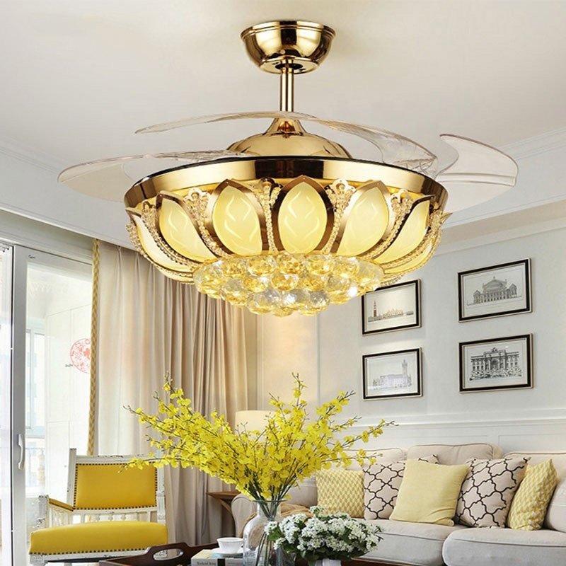 Luxury Gold Crystal Chandelier 42 Inch Ceiling Fan With Light and Remote Control for Home Kitchen Restaurant LED Fan Lights