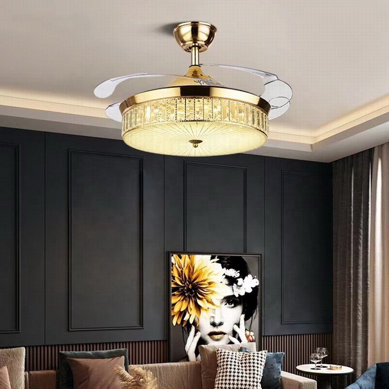 Luxury Gold Crystal Chandelier 42 Inch Ceiling Fan With Light and Remote Control for Home Kitchen Restaurant LED Fan Lights