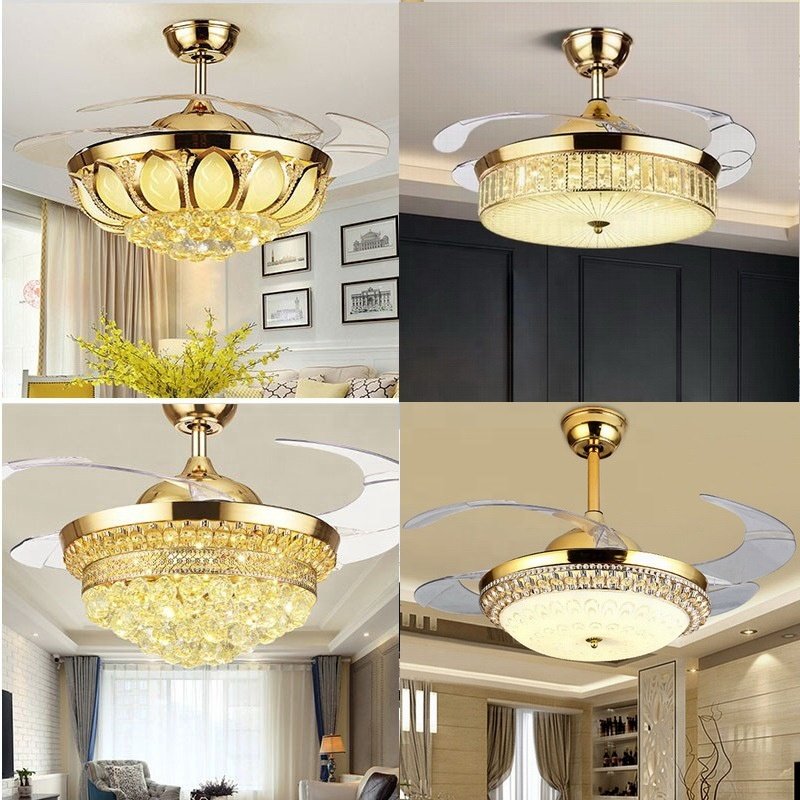 Luxury Gold Crystal Chandelier 42 Inch Ceiling Fan With Light and Remote Control for Home Kitchen Restaurant LED Fan Lights
