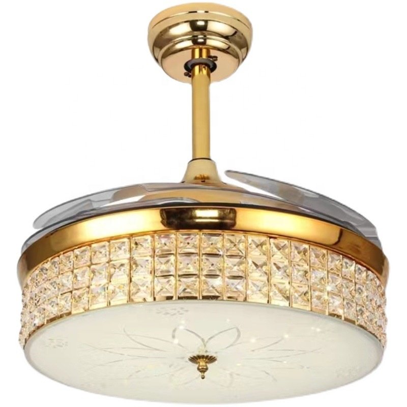 Luxury Gold Crystal Chandelier 42 Inch Ceiling Fan With Light and Remote Control for Home Kitchen Restaurant LED Fan Lights