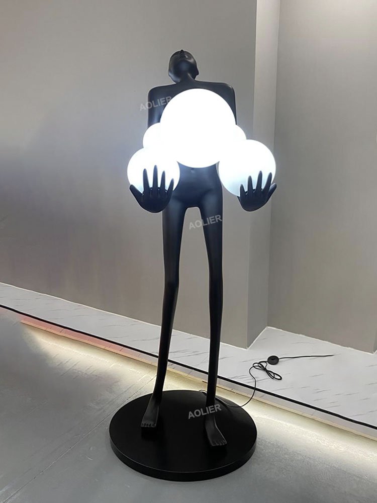 Large Abstract Fiberglass Human Sculpture Floor Light Courtyard Hotel Decoration Lady Crafts Resin Sculpture Floor Lamp