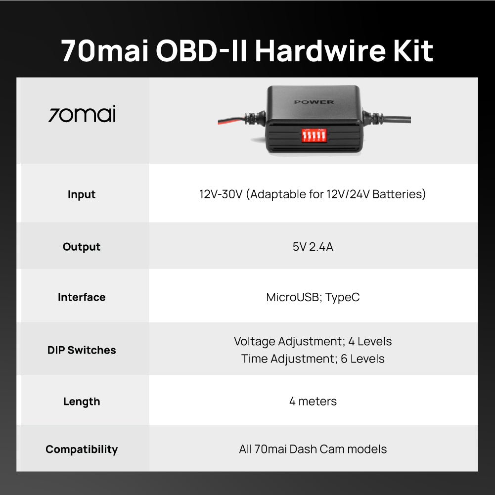 70mai OBD-II Hardwire Kit 4 Meter OBD Cable Adjustable Voltage MicroUSB Type C Adapter A800 Dash Cam Auto Electronics Product