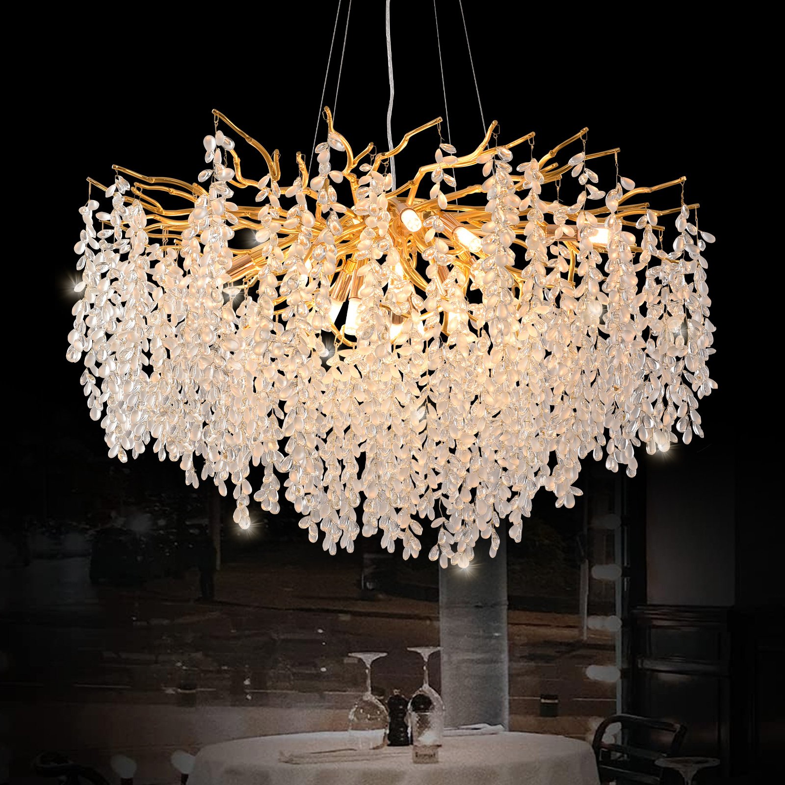 Classic Crystal Chandeliers in Gold Hanging Light Fixtures From the High Ceiling at the Entrance to the Interior Foyer