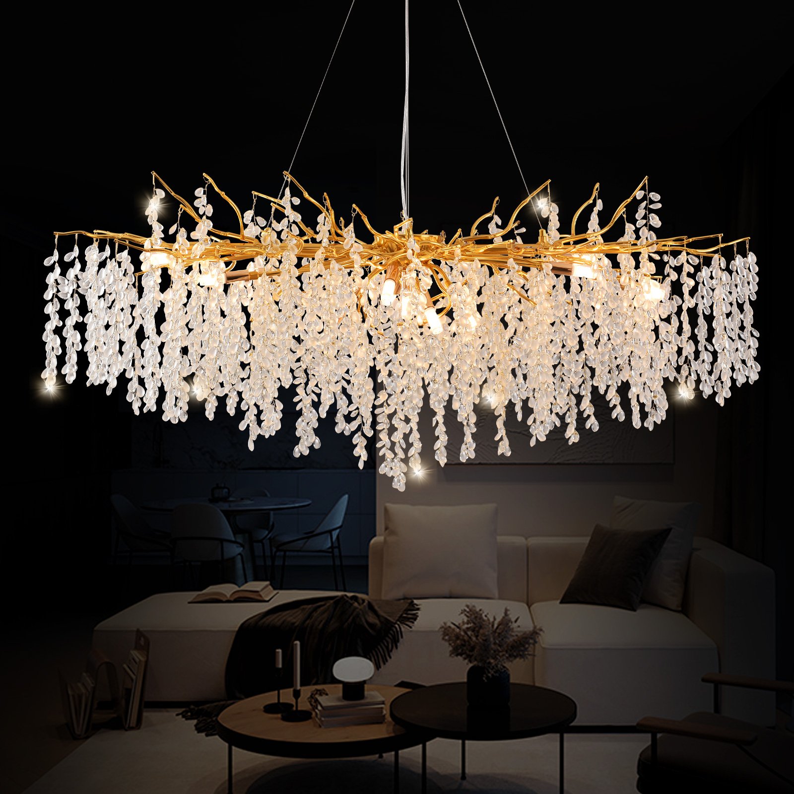 Classic Crystal Chandeliers in Gold Hanging Light Fixtures From the High Ceiling at the Entrance to the Interior Foyer