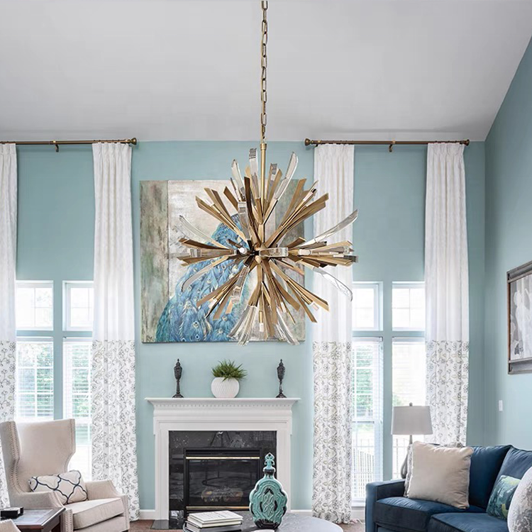 Custom Modern Design Luxury Unique Villa Living Room Decorative Line Burnished Gold Crystal Creative Pendant Lighting