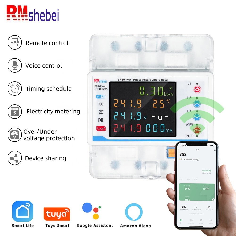 RMshebei Smart Life Circuit Breaker Energy Monitoring 100A Tuya WiFi 3Phase Meter with BiDirectional Auto Reclosing Relay