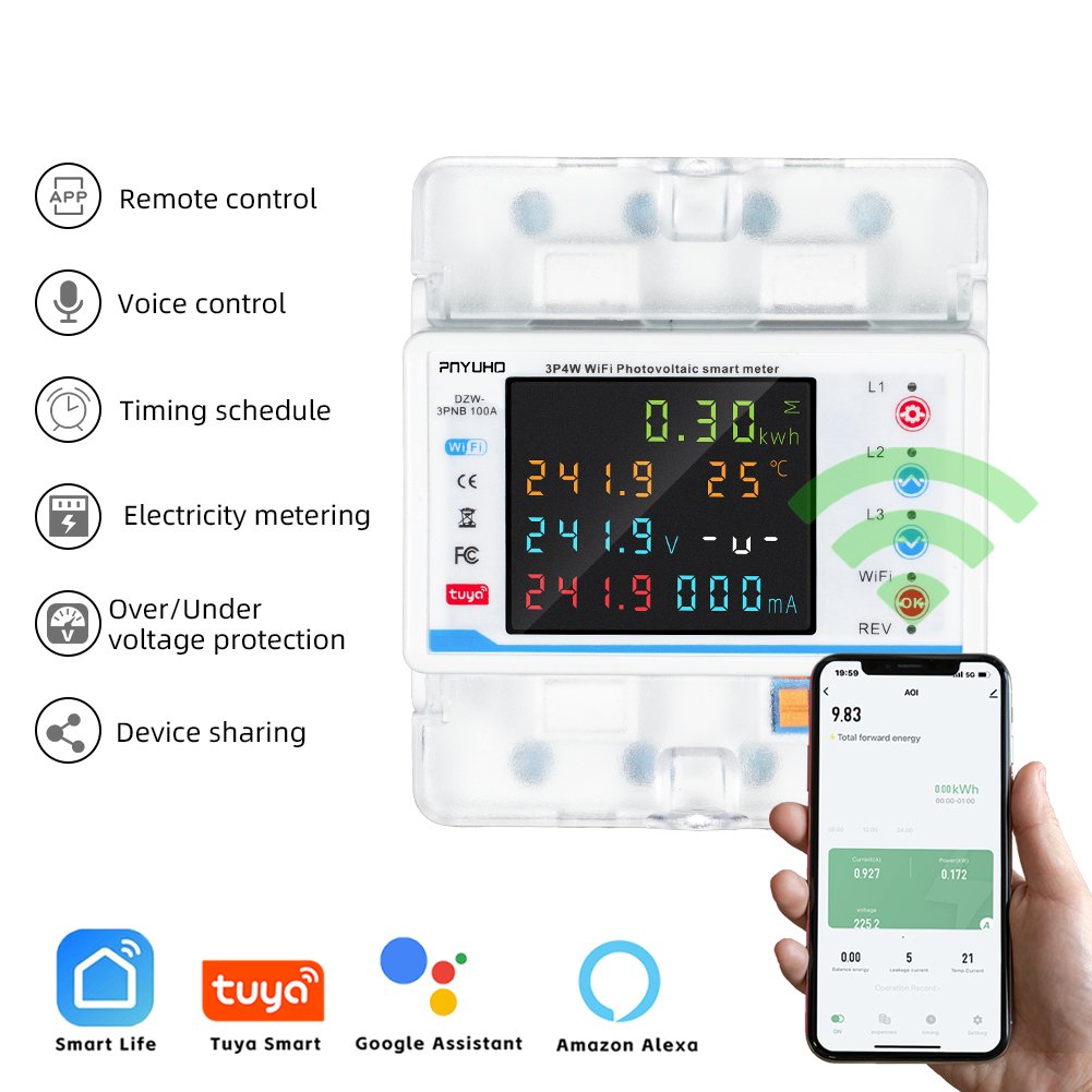 Tuya WiFi 100A380V Smart Three-Phase Four-Wire Meter Auto Recloser PV Bidirectional Metering Circuit Breaker