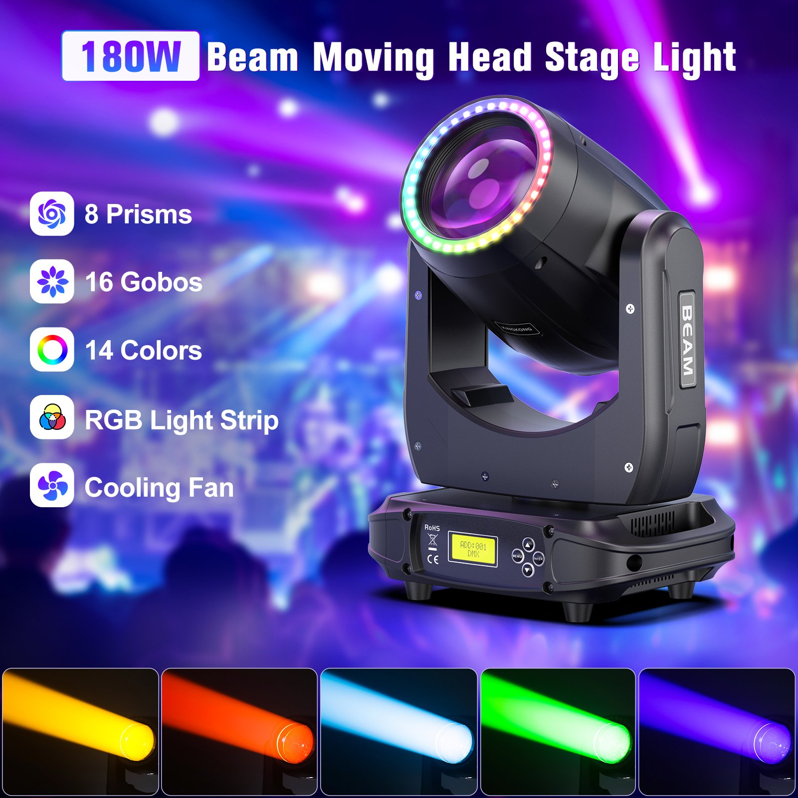 180W Ultra Bright Moving Head Light Rainbow Lighting Effect Beam Lights Stage for Wedding Disco Dj KTV Night Club Stage Lamp