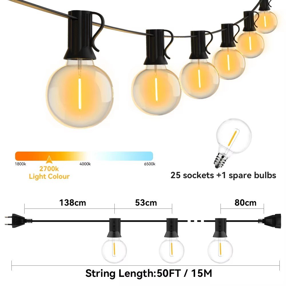15M LED Fairy String Light Globe Party Garland G40 Patio Light Warm White Clear Vintage Bulb Chain for Outdoor Backyard Decorate