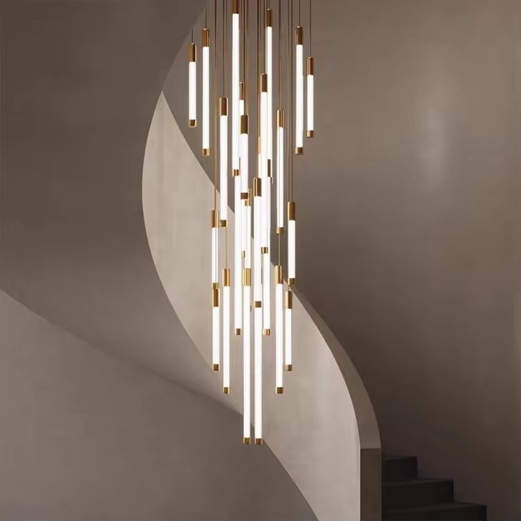 Stainless Steel Glass Tube Decorative Staircase Custom Project Luxury Modern Led Chandelier Light