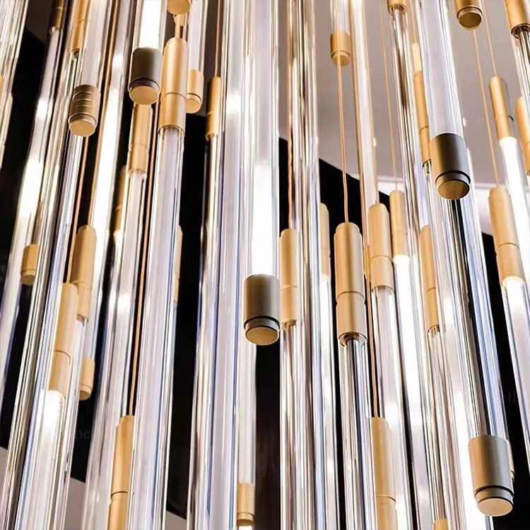 Stainless Steel Glass Tube Decorative Staircase Custom Project Luxury Modern Led Chandelier Light