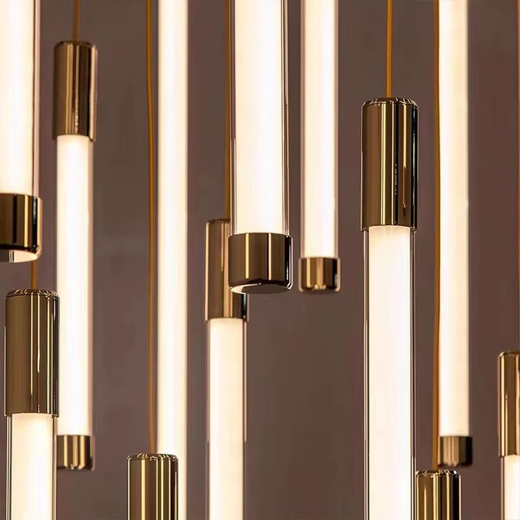 Stainless Steel Glass Tube Decorative Staircase Custom Project Luxury Modern Led Chandelier Light