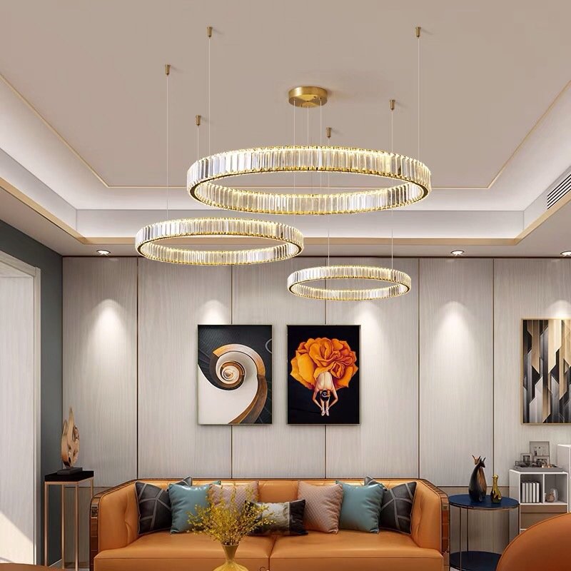 Luxury Home Pendant Dinning Lights Chandeliers with Rings LED for Living Room Circle Hanging Crystal Modern Indoor Iron Round