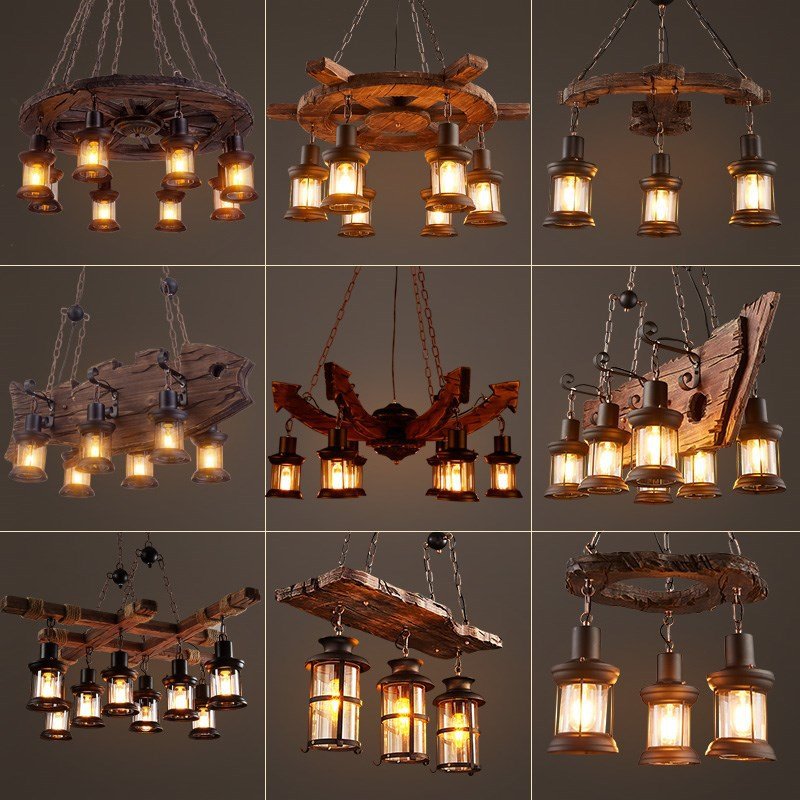 Creative American Industrial Hanging Light Loft bar Cafe Restaurant Vintage Wooden Ceiling Chandeliers Pendant Lights